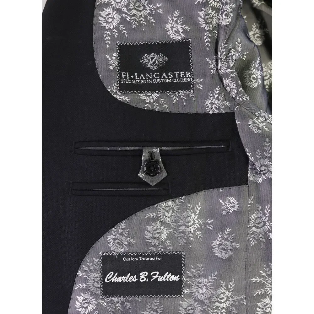 Custom Tailored Bespoke Solid Black 2-Btn Wool Suit 46R